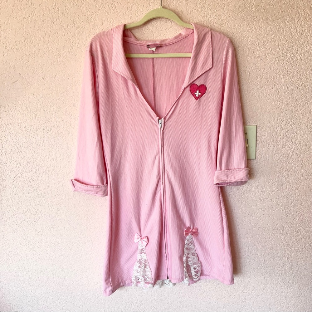 Y2K mcbling sexy pink pinstripe and lace nurse Halloween costume mini dress
